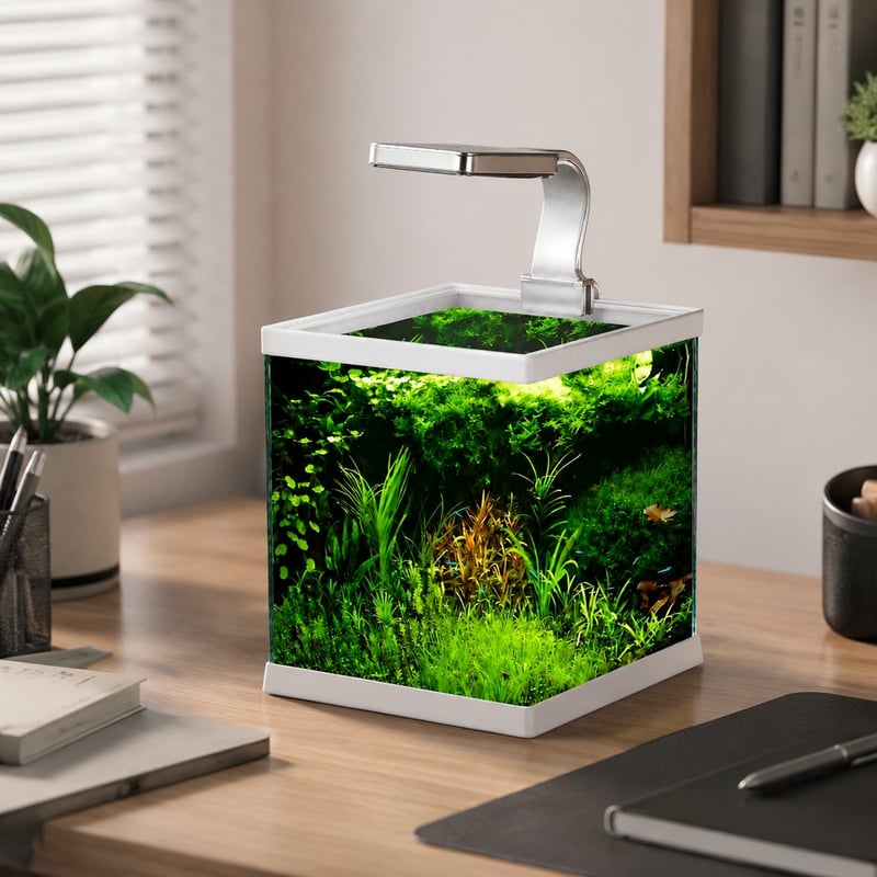 WK076 Open Top Mini Rimless Aquarium Tank with LED Light model WK076 functions image for Aquarium tanks distributors and sourcing teams