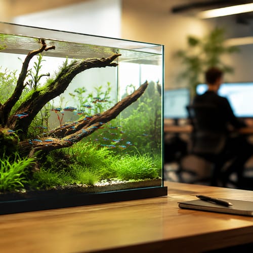WKAQOO aquarium lifestyle display with driftwood and plants for B2B aquarium range presentation for aquarium wholesale, OEM and distributor buyers