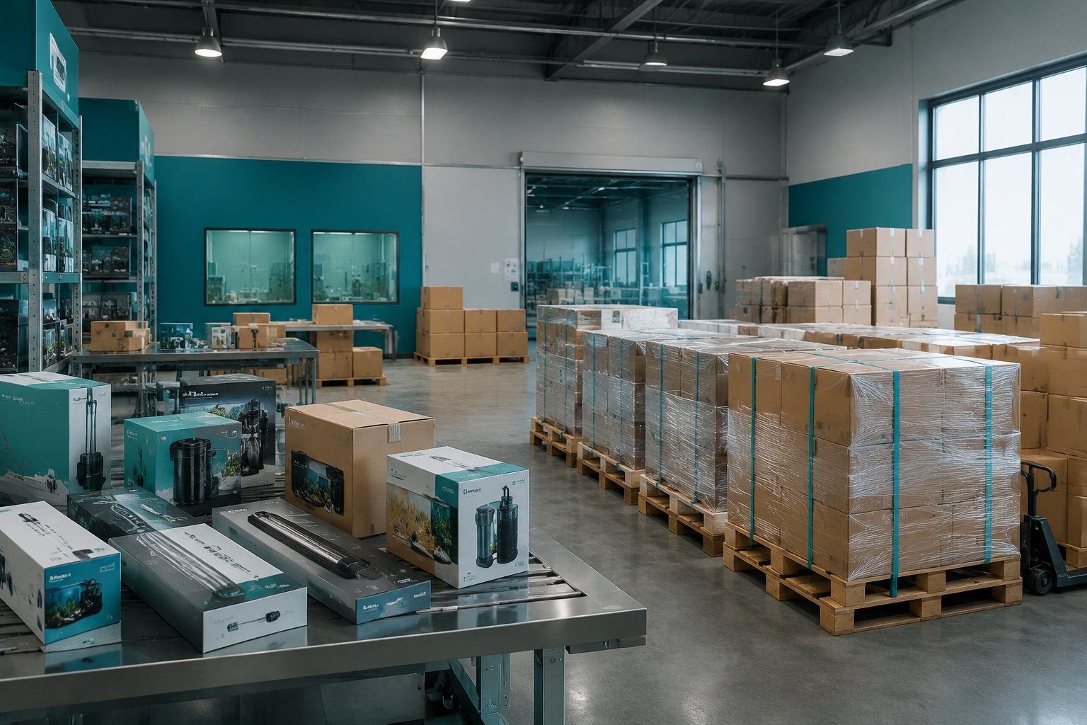WKAQOO factory packaging and delivery preparation area for export coordination for aquarium OEM orders for aquarium wholesale, OEM and distributor buyers
